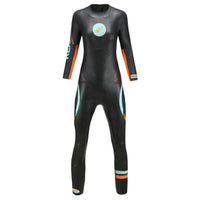 Women’s Real J&J wetsuit, black with teal and orange accents, front view, with Rocket Science Sports logo.