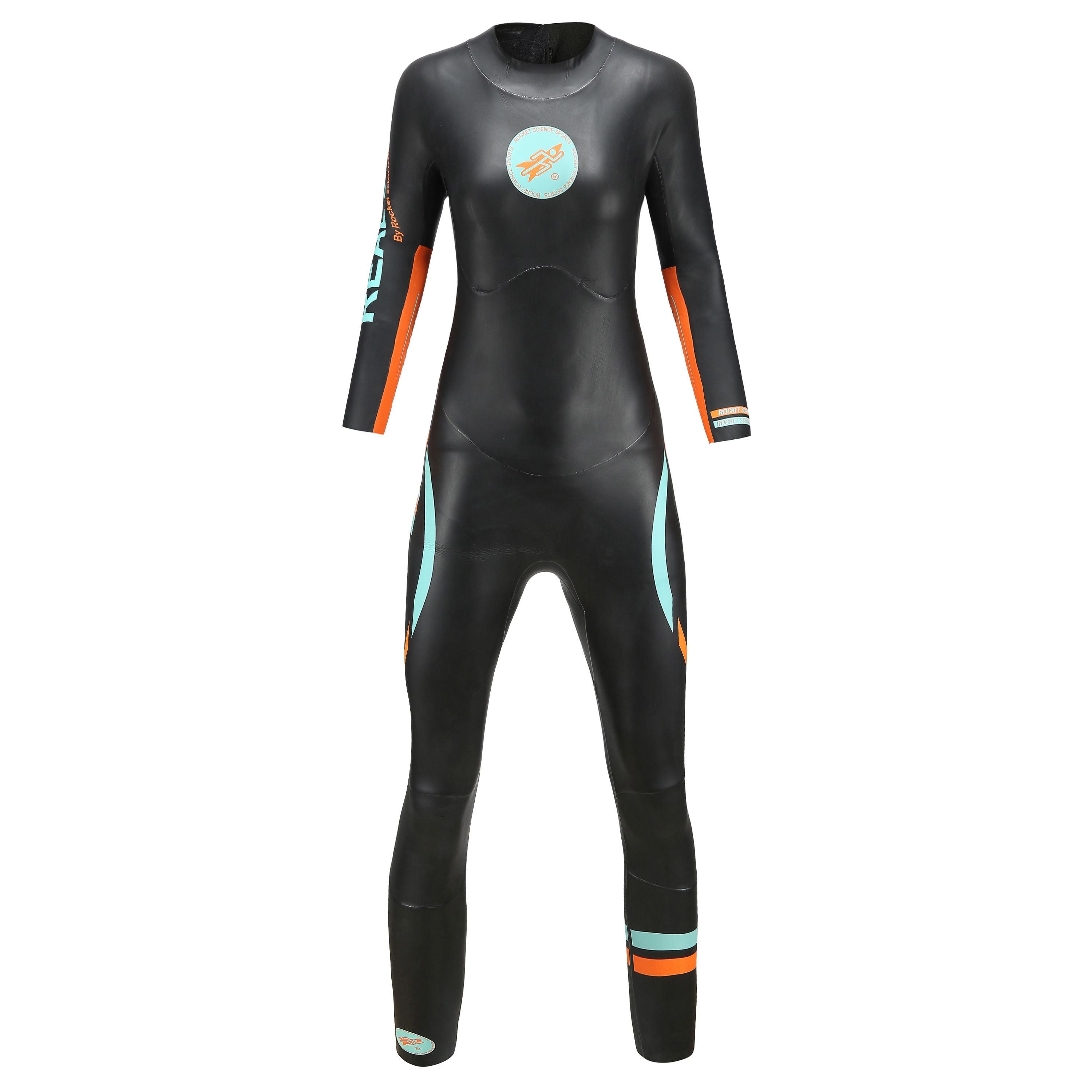 Women’s Real J&J wetsuit, black with teal and orange accents, front view, with Rocket Science Sports logo.