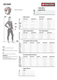 Size chart for wetsuit and swimwear with measurements and Rocket Science Sports branding