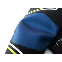 Close-up of Rocket Science Sports VENOM wetsuit knee panel showing blue neoprene fabric and contoured fit