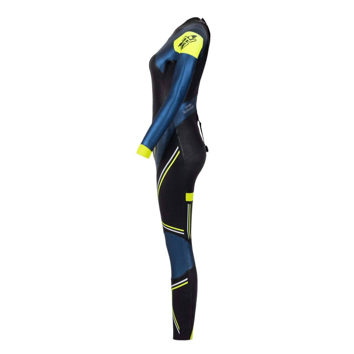 Left Side view of a women’s long-sleeve wetsuit in black and blue with neon yellow accents and Rocket Science Sports branding