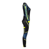 Side view of a women’s long-sleeve wetsuit in black and blue with neon yellow accents and Rocket Science Sports branding.