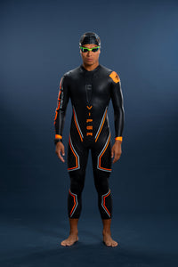 Front view of Rocket Science Sports Viper men’s long-sleeve wetsuit with performance paneling