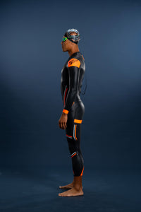 Side view of male swimmer wearing Rocket Science Sports men’s long-sleeve wetsuit with orange performance panels