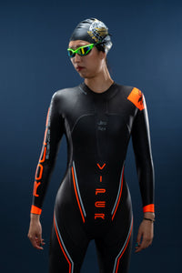 Front view of Rocket Science Sports Viper women’s wetsuit featuring ultra-flex chest panel and streamlined performance fit