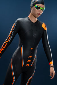 Angled front view of Rocket Science Sports Viper women’s wetsuit showing ultra-flex chest panel and streamlined performance fit