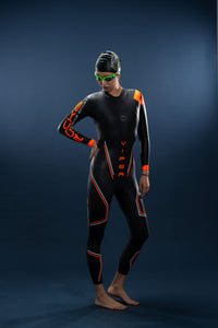 Front view of Rocket Science Sports Viper women’s long-sleeve wetsuit with orange detailing and ergonomic fit