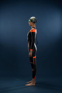 Side view of Rocket Science Sports Viper women’s long-sleeve wetsuit with orange performance detailing