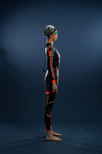Side view of Rocket Science Sports Viper women’s long-sleeve wetsuit with orange performance detailing