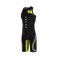 Front view of Rocket Science Sports VENOM men’s sleeveless swimskin with black and high-visibility yellow detailing