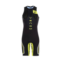 Front view of Rocket Science Sports VENOM men’s sleeveless swimskin with black and high-visibility yellow detailing