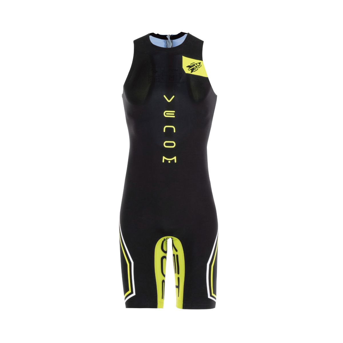 Front view of Rocket Science Sports VENOM men’s sleeveless swimskin with black and high-visibility yellow detailing