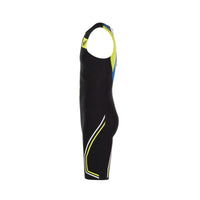 Side view of Rocket Science Sports VENOM women’s sleeveless swimskin with black and high-visibility yellow detailing