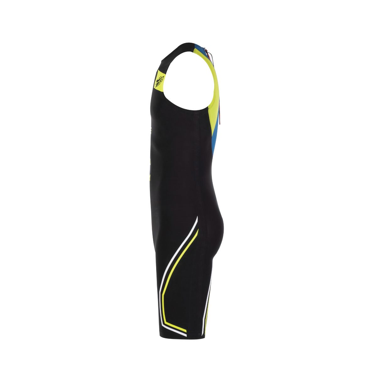 Side view of Rocket Science Sports VENOM women’s sleeveless swimskin with black and high-visibility yellow detailing