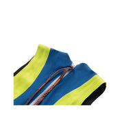 Close-up of Rocket Science Sports VENOM swimskin rear zipper and neckline with high-visibility yellow and blue panels