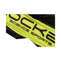Close-up of Rocket Science Sports logo printed on high-visibility yellow performance fabric