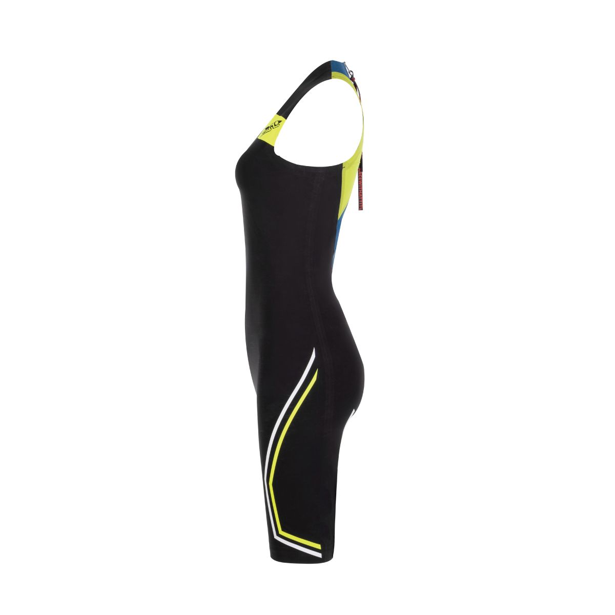 Side profile of Rocket Science Sports VENOM women’s sleeveless swimskin showing contoured fit and high-visibility leg detailing