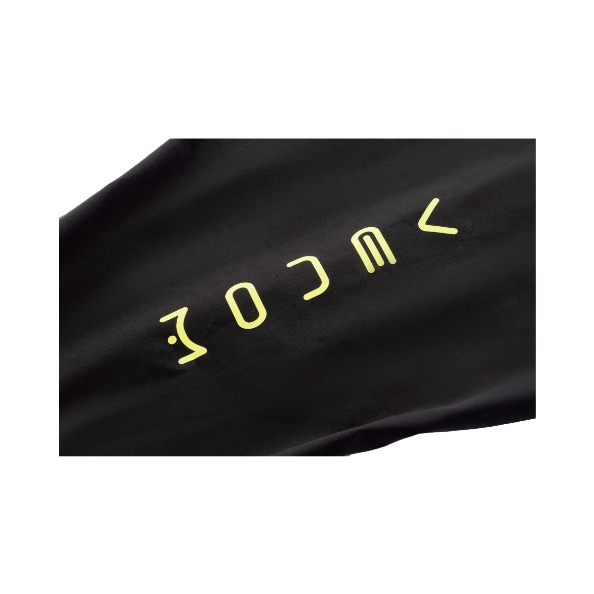 Close-up of Rocket Science Sports VENOM swimskin logo printed on black performance fabric