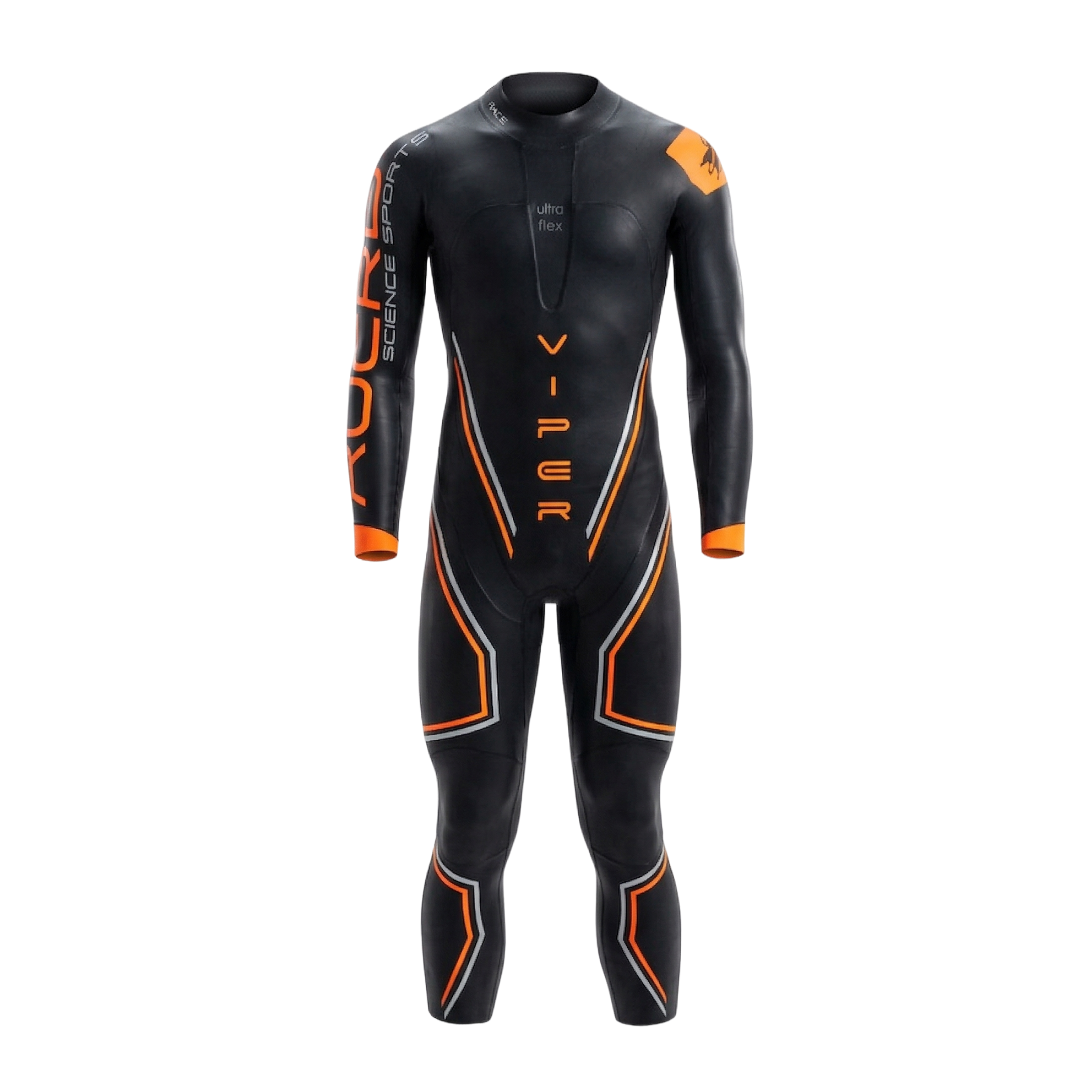 Front view of Rocket Science Sports Viper men’s long-sleeve wetsuit with performance paneling