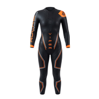Front view of Rocket Science Sports Viper women’s long-sleeve wetsuit showing streamlined fit and orange accent panels