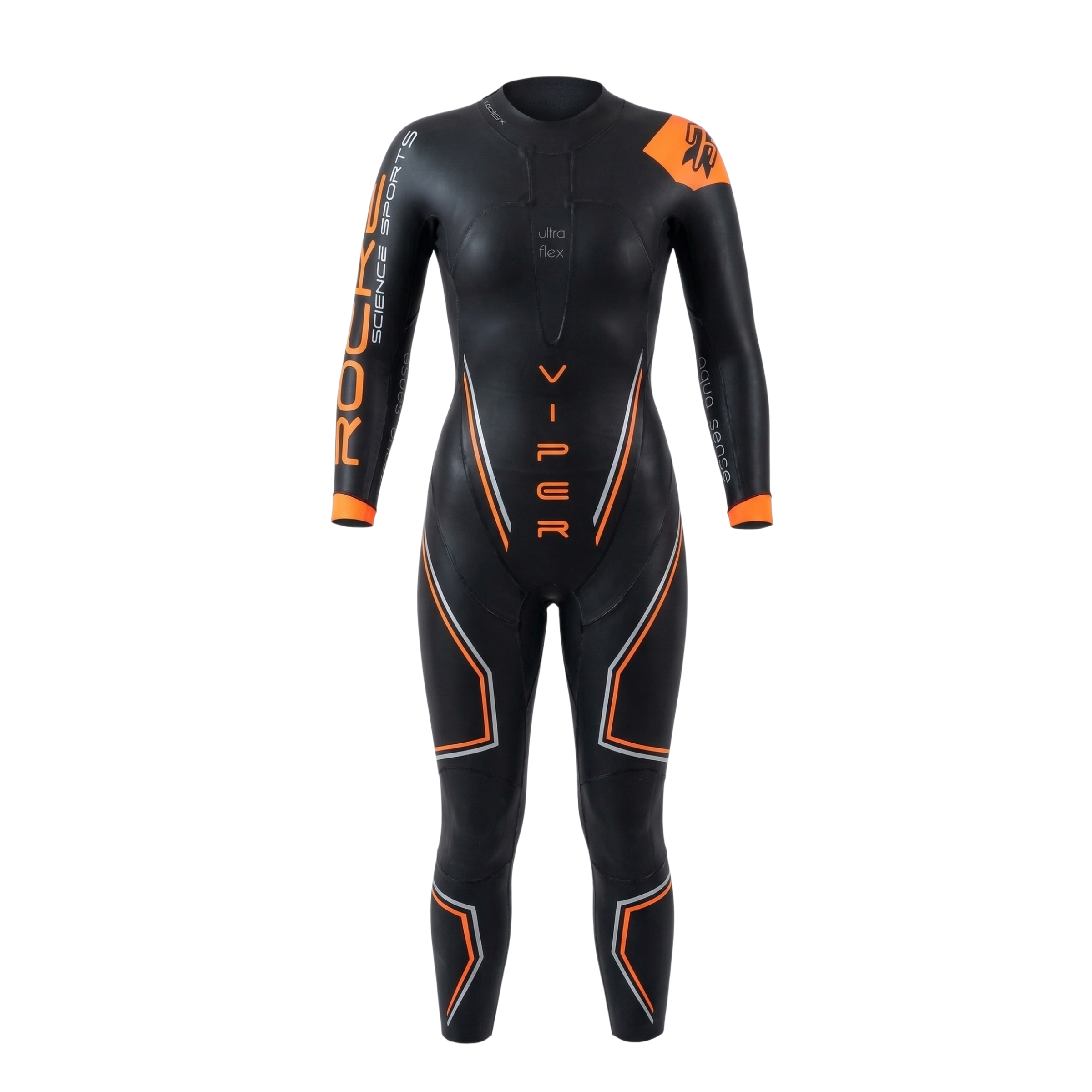 Front view of Rocket Science Sports Viper women’s long-sleeve wetsuit showing streamlined fit and orange accent panels