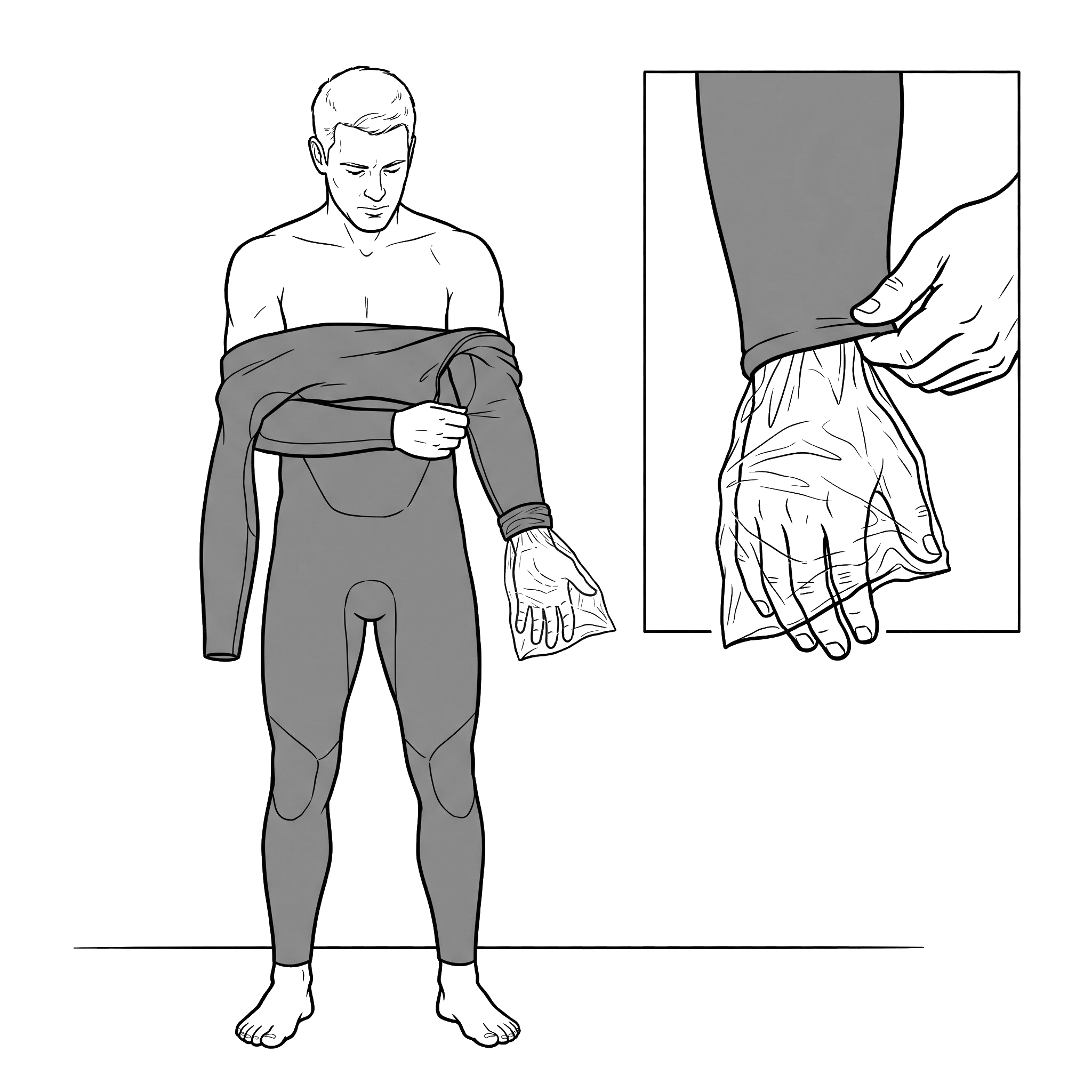 Step 4: insert arms using plastic bags, with close-up of technique