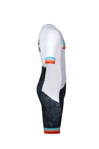 White and black leg sleeve with colorful accents on a white background