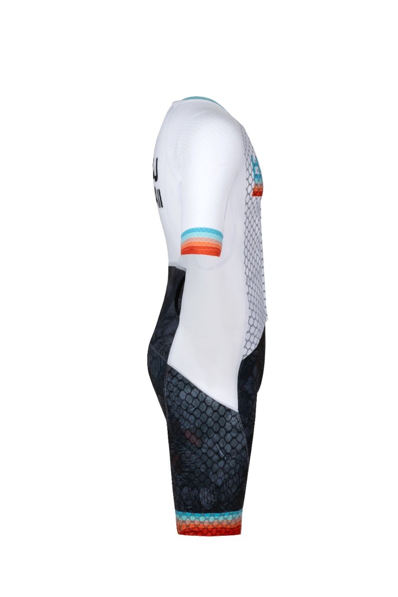 White and black leg sleeve with colorful accents on a white background