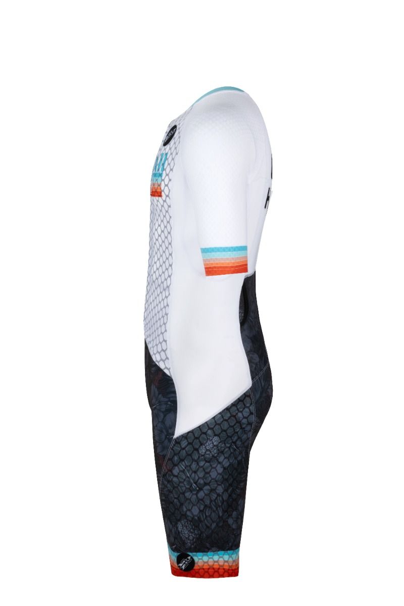 White and black protective sleeve with colorful accents on a white background