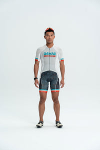 Person wearing a cycling outfit with 'Hawaii' text on a white background
