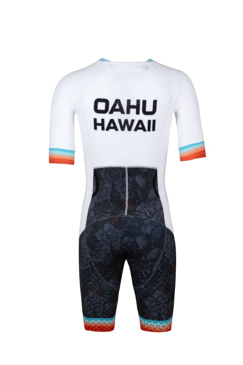Cycling outfit with 'Oahu Hawaii' text on a white background